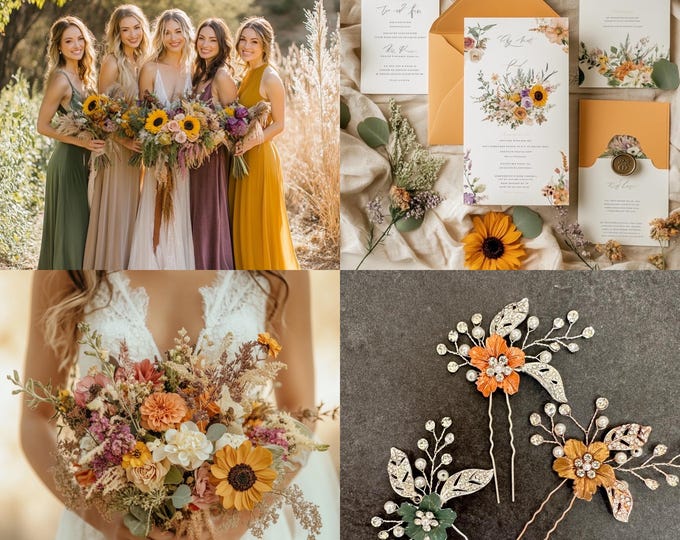 Sunflower & Olive Green Hair Accessories, Summer Inspired Custom Colored To Match Your Wedding Palette