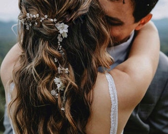 Long Flower Hair Vine With Soft White Flowers, Bridal Hair Accessory