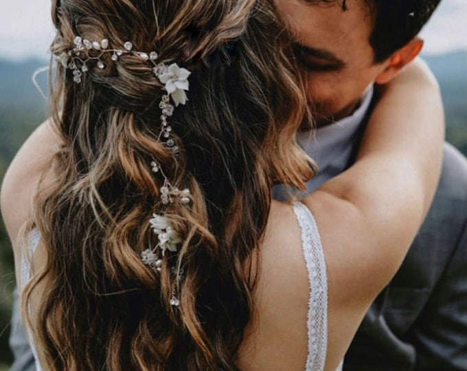 Long Flower Hair Vine With Soft White Flowers, Bridal Hair Accessory