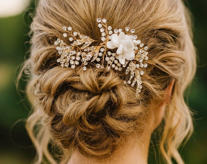 Porcelain Flower Bridal Hair Piece with Opaque Crystal Leaf Accents – Rhinestone Wedding Headpiece