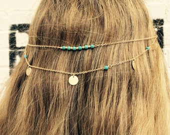 Hair Chain Jewelry With Small Gold Coin And Turquoise Accents, Hippie Head Piece Perfect For Your Boho Look