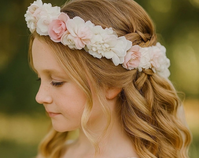 Flower Hair Crown Perfect For Your Flower Girl, Pink And White Flower Headband, Wedding Hair Accessory