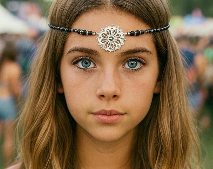 Black Chain Hair Jewelry With Silver Center Medallion, Unique Hair Accessory