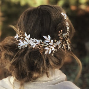 Statement Bridal Head Piece With Rose Gold Rhinestones And Custom Colored Flowers