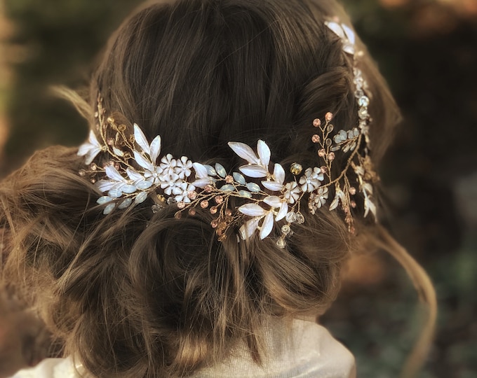 Statement Bridal Head Piece With Rose Gold Rhinestones And Custom Colored Flowers