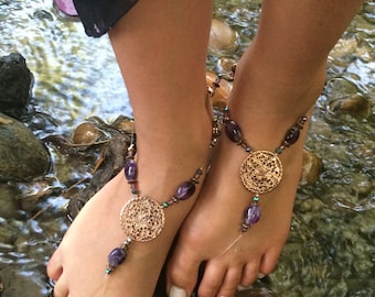 Barefoot Sandals With Copper And Purple Beads