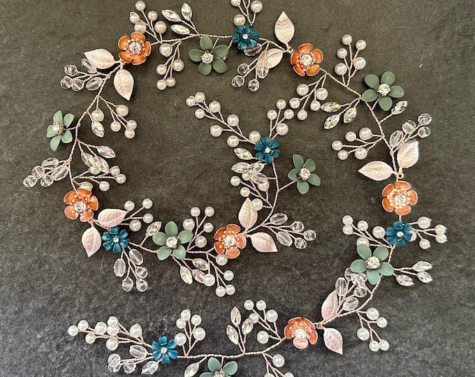 Sunset Inspired Bridal Hair Vine, Coral Orange And Dusty Purple Hair Vine, Custom Colors Available