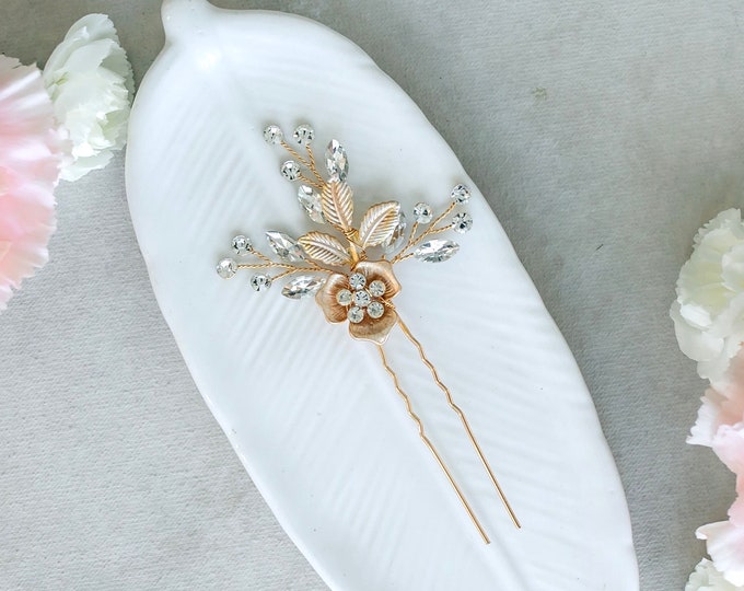 Flower Hair Pins For Your Bridesmaids, Rhinestone & Leaf Accents, Matching Side Comb, Wedding Hair Accessory