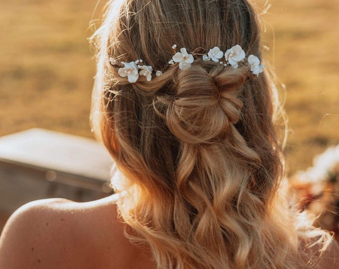 White Porcelain Flower Hair Vine with Antique Gold Leaves – Handmade Bridal Headpiece