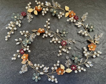 Terracotta Flower Hair Vine, Fall Wedding Colors, Bridal Hair Jewelry, Customizable  Flower Colors