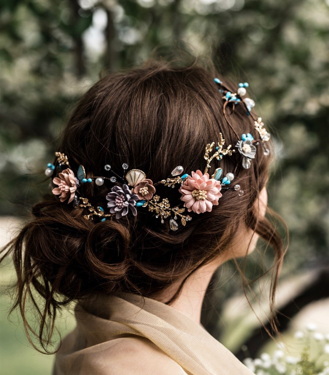 Flower Accessories For The Hair 2026.Flower Hair Vine Perfect for Your Bohemian Bride, Pink and Turquoise ...