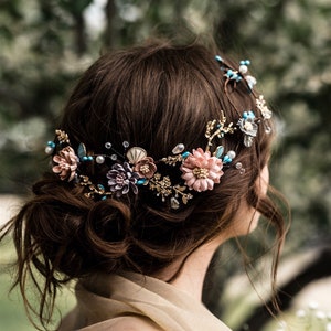 Flower Hair vine Perfect For Your Bohemian Bride, Pink And Turquoise Flowers, Wedding Hair Accessory