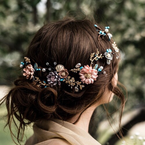 Flower Hair vine Perfect For Your Bohemian Bride, Pink And Turquoise Flowers, Wedding Hair Accessory