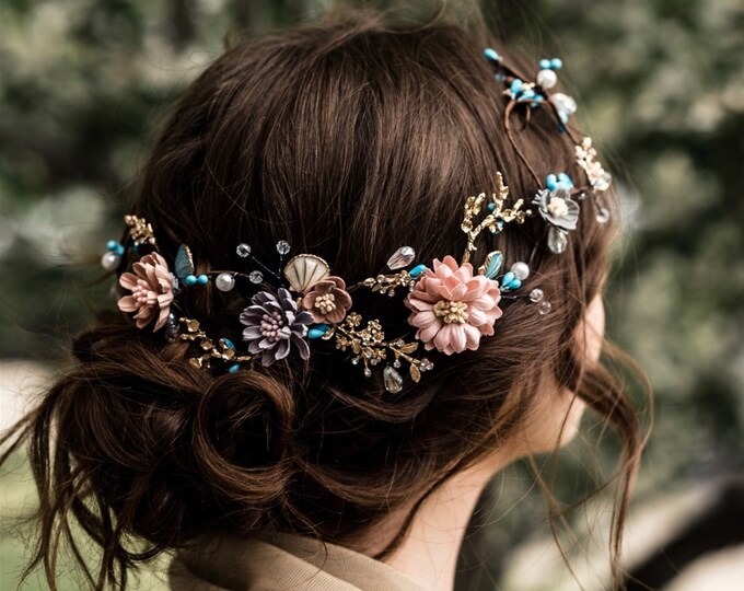 Flower Hair vine Perfect For Your Bohemian Bride, Pink And Turquoise Flowers, Wedding Hair Accessory