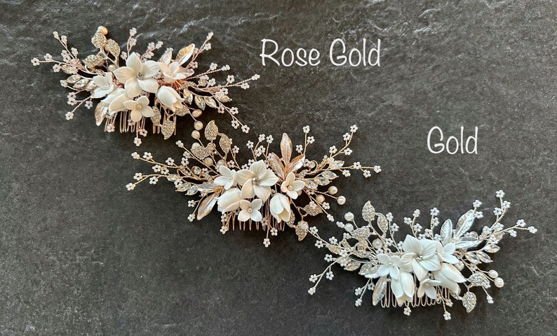 Bridal Hair Comb Hand-crafted with beautiful Off White Flowers, Rhinestone Leaves And Pearl Baby's Breath Accents 画像 7