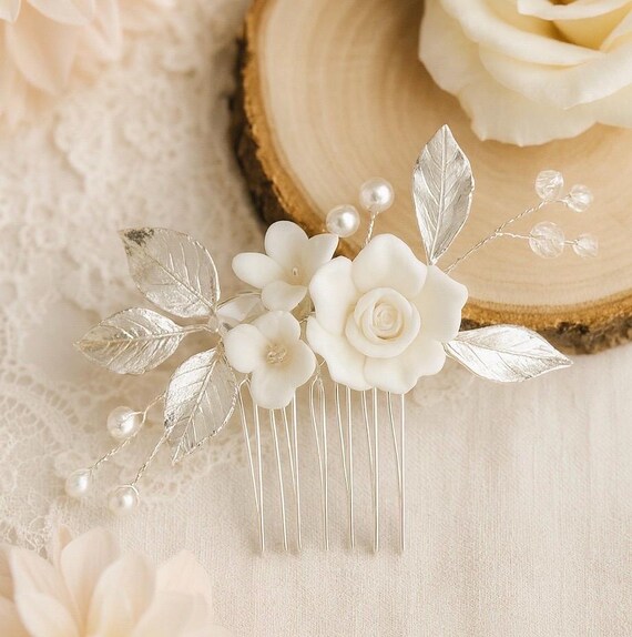 Elegant Silver and White Hair Comb Silver Opal & Pearl Bridal Hair Comb | Elegant Wedding Hair  main image 3