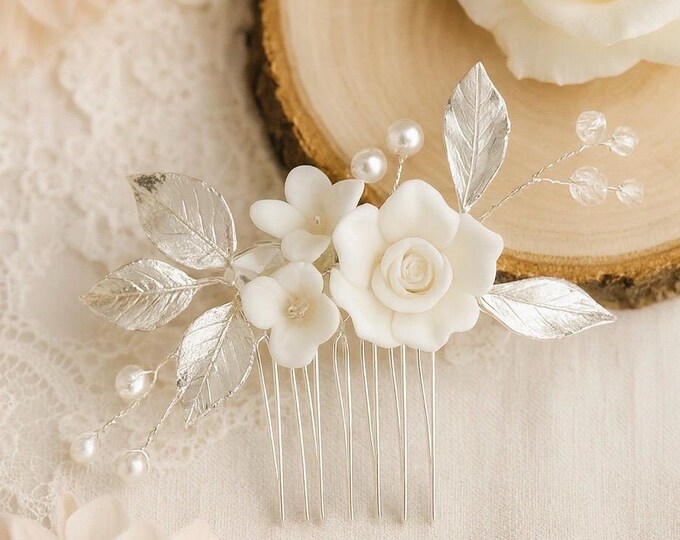Elegant Minimalist: Silver Hair Comb With Porcelain Flowers