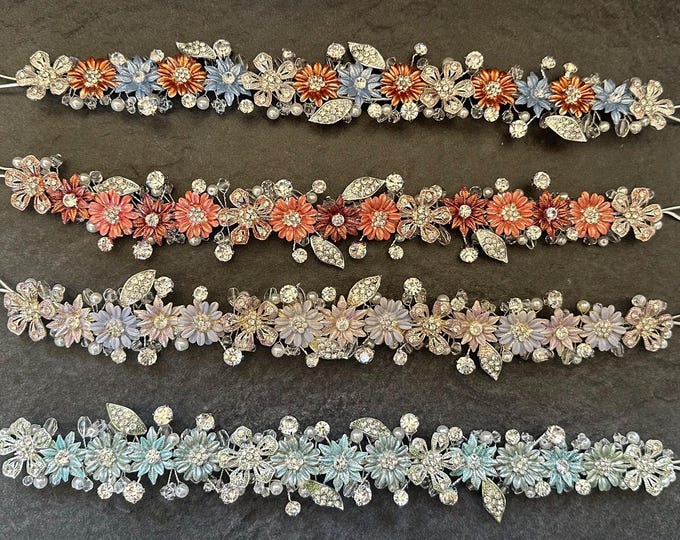 Custom Silver Bridal Headpiece with Custom Flowers, Rhinestones & Pearl Details