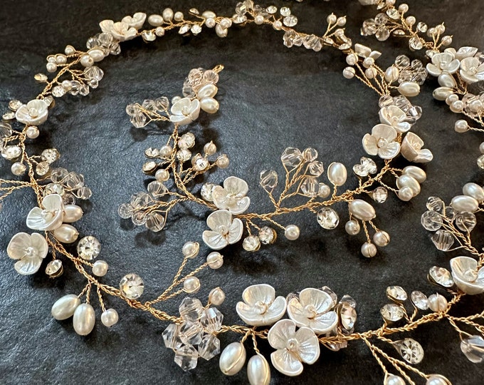 Long Hair Vine with Flowers, Rhinestones, Pearls, and Crystals - A Variety of Lengths Available