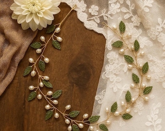 Olive Green Leaf Hair Vine, Custom Shades for Bridal & Prom |Nature Inspired Leaf Headband, Boho Rustic Wedding
