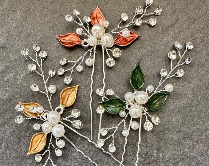 Custom Handcrafted Leaf Hair Pins – Personalized Wedding Hair Accessories, Rustic Fall Colors