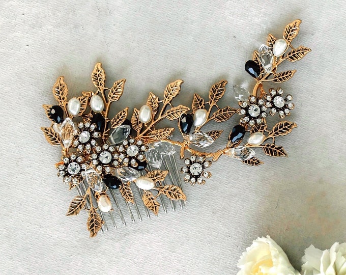 Antique Gold Hair Comb With Black Accent Crystals. Vintage Inspired Hair Accessory