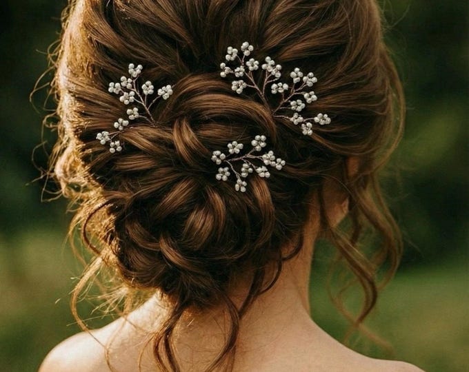 Bridal Baby’s Breath Hair Pins – Pearl Flower Pins for Wedding Updos, Sold In Sets