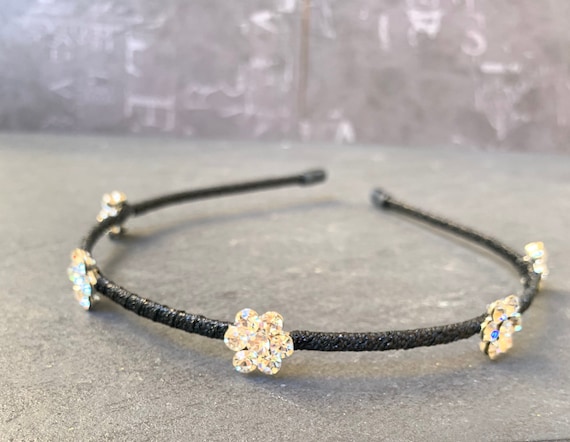 Black and Silver Headband With Dazzling Rhinestones Flowers  display picture 3