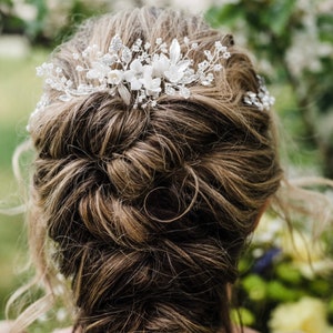 Bridal Hair Comb Hand-crafted with beautiful Off White Flowers, Rhinestone Leaves And Pearl Baby's Breath Accents image 8