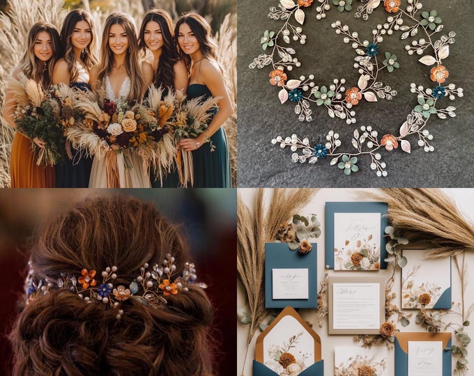 Burnt Orange & Blue Flower Hair Vine To Match Your Rustic Inspired wedding Colors, Hair Accessory With Custom Flower Colors