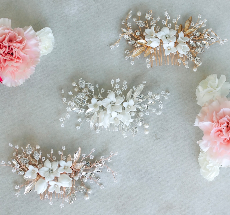 Bridal Hair Comb Hand-crafted with beautiful Off White Flowers, Rhinestone Leaves And Pearl Baby's Breath Accents image 5