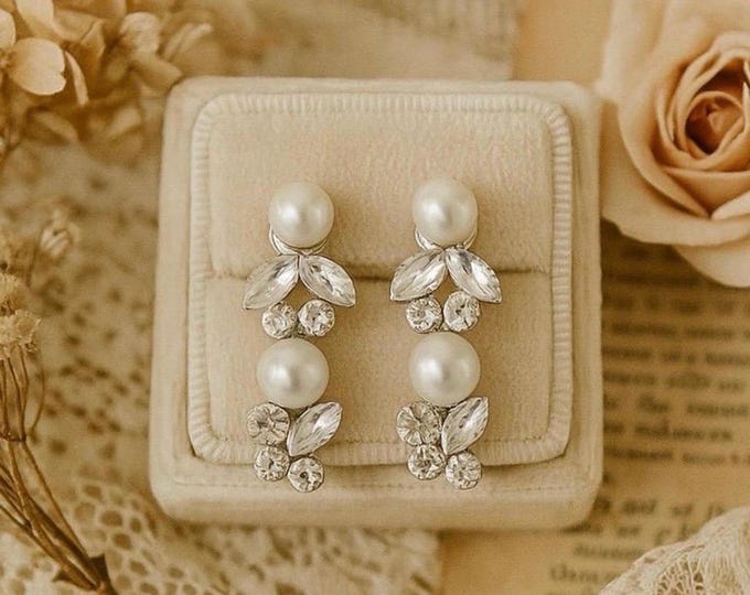 Pearl Earring With Rhinestone Leaf Design in Silver, Bridal Pearl Earring