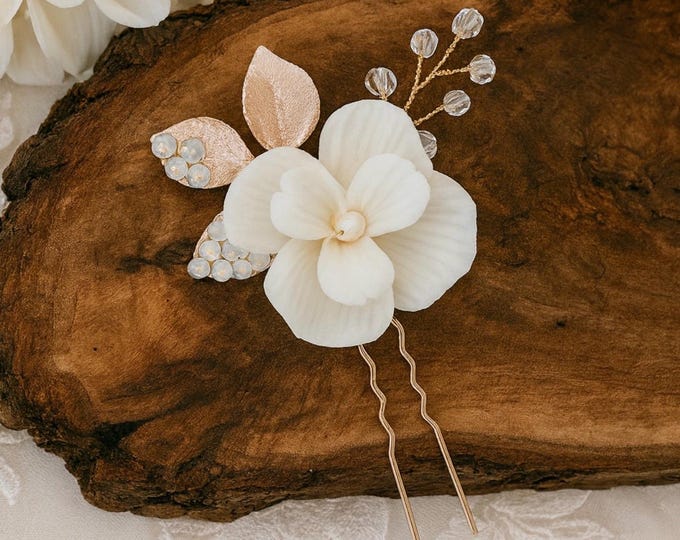 Rose Gold Porcelain Flower Hair Pins – Elegant White Wedding Hair Accessories for Brides