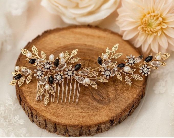 Antique Gold Hair Comb With Black Accent Crystals. Vintage Inspired Hair Accessory