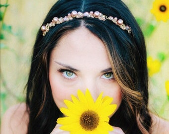 This Boho Bridal Headband Features Beautiful Rose Gold Crystals And Blush Colored Pearl Elements