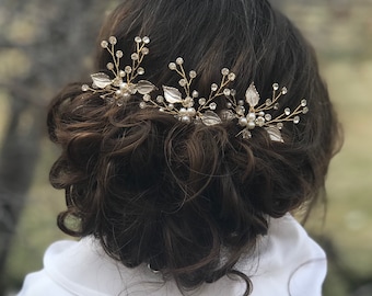 Bridal Hair Pins, Pearl Rhinestone Hair Pins, Wedding Hair Accessory, Gold Leaf Hair Pins, Bridesmaid Hair Accessory