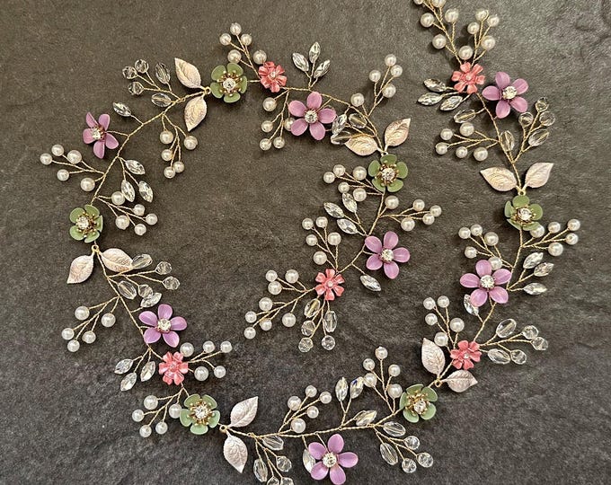 Spring Wedding Hair Vine With Custom Flower Colors To Match Your Wedding