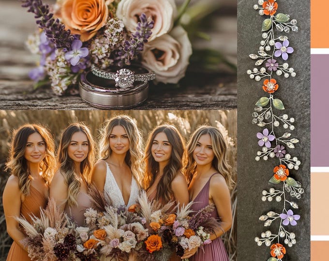 Sunset Inspired Bridal Hair Vine, Coral Orange And Dusty Purple Hair Vine, Custom Colors Available