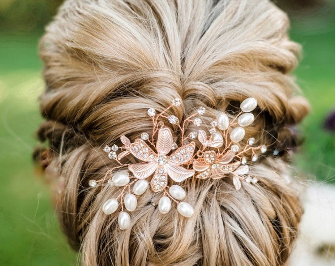 Rose Gold Or Silver Flower Hair Comb With Beautiful Pearl And Rhinestone Accents, Wedding Hair Accessory