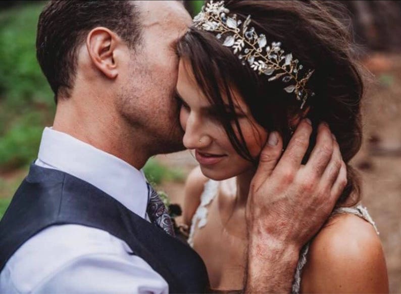 Hand Beaded Bridal Hair Vine Features Rhinestones Delicate Leaves and Accent Pearls