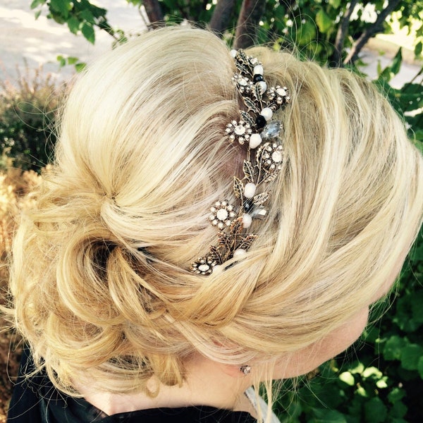 Antique Gold Hair Vine, Wedding Hair Accessory, Vintage Headband, Black Gold Bridal Hair Jewelry