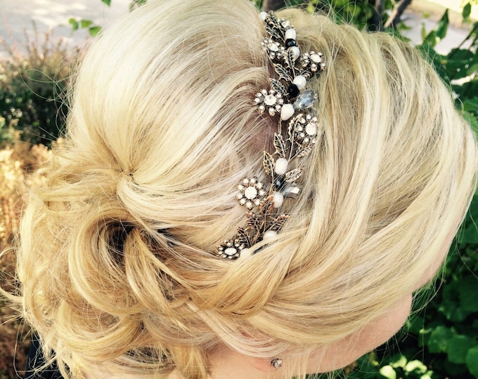Antique Gold Hair Vine, Wedding Hair Accessory, Vintage Headband, Black Gold Bridal Hair Jewelry