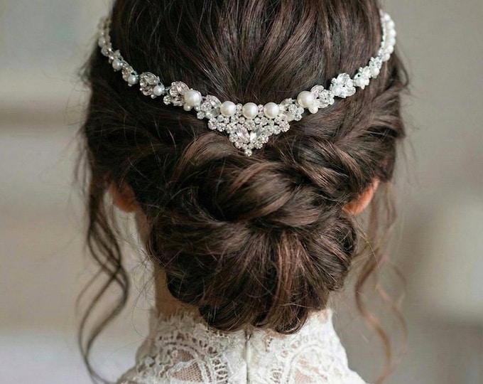 Vintage Inspired Bridal Hair Chain, Pearls and Silver Crystals, Boho Wedding