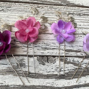 Purple And Lilac Flower Hair Pin Silver Or Gold Leaves, Beach Wedding Hair Accessory, Perfect For Brides Maids Or Flower Girl
