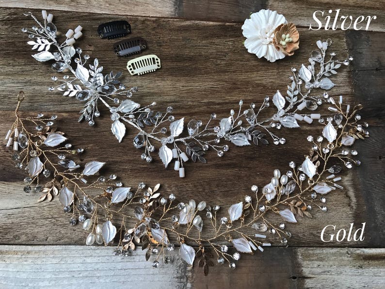 Hand Beaded Bridal Hair Vine Features Rhinestones Delicate Leaves and Accent Pearls
