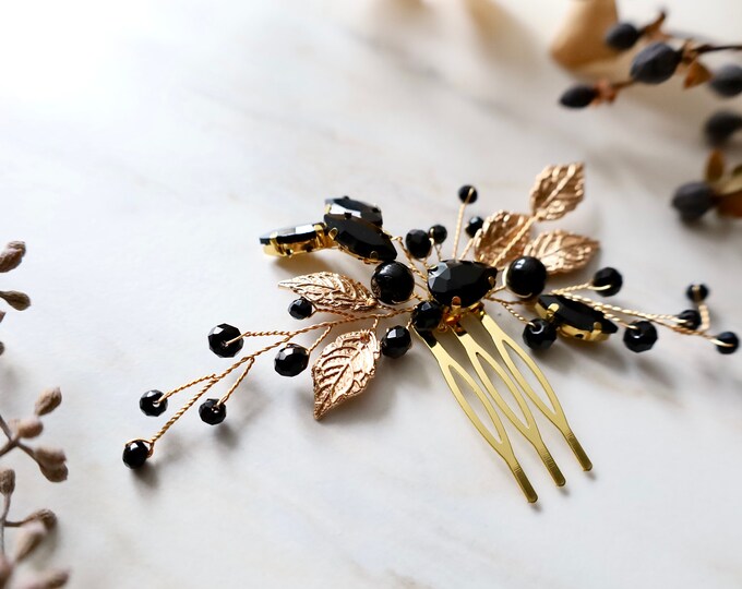 Gold & Black Hair Comb With Crystals And Leaf Accents