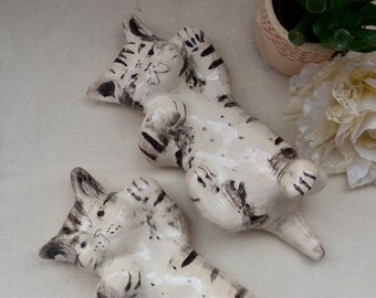 Ceramic cat figurine tabby cat hanging cat ornament black and white figurine kitten custom white cat grey cat Ceramicfingerprint cat