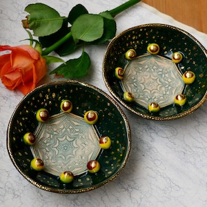 Mandala trinket dish gold plated ring dish green trinket dish gipsy trinket dish mandala art boho style.