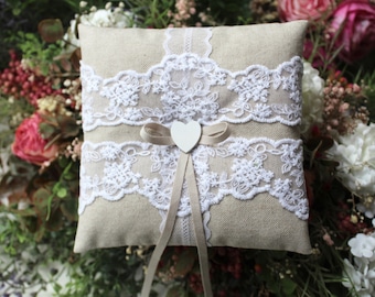 Ring Pillow Wedding Linen Lace Ring Bearer Pillow Wedding Ring Pillow Boho Country Vintage Shabby