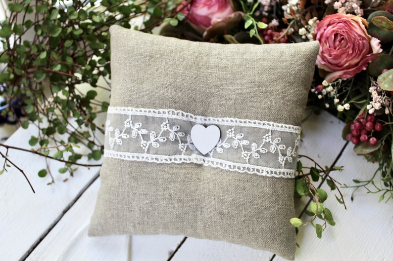 Ring Pillow Wedding Linen Lace Ring Bearer Pillow Wedding Ring Pillow Boho Country Vintage Shabby image 8